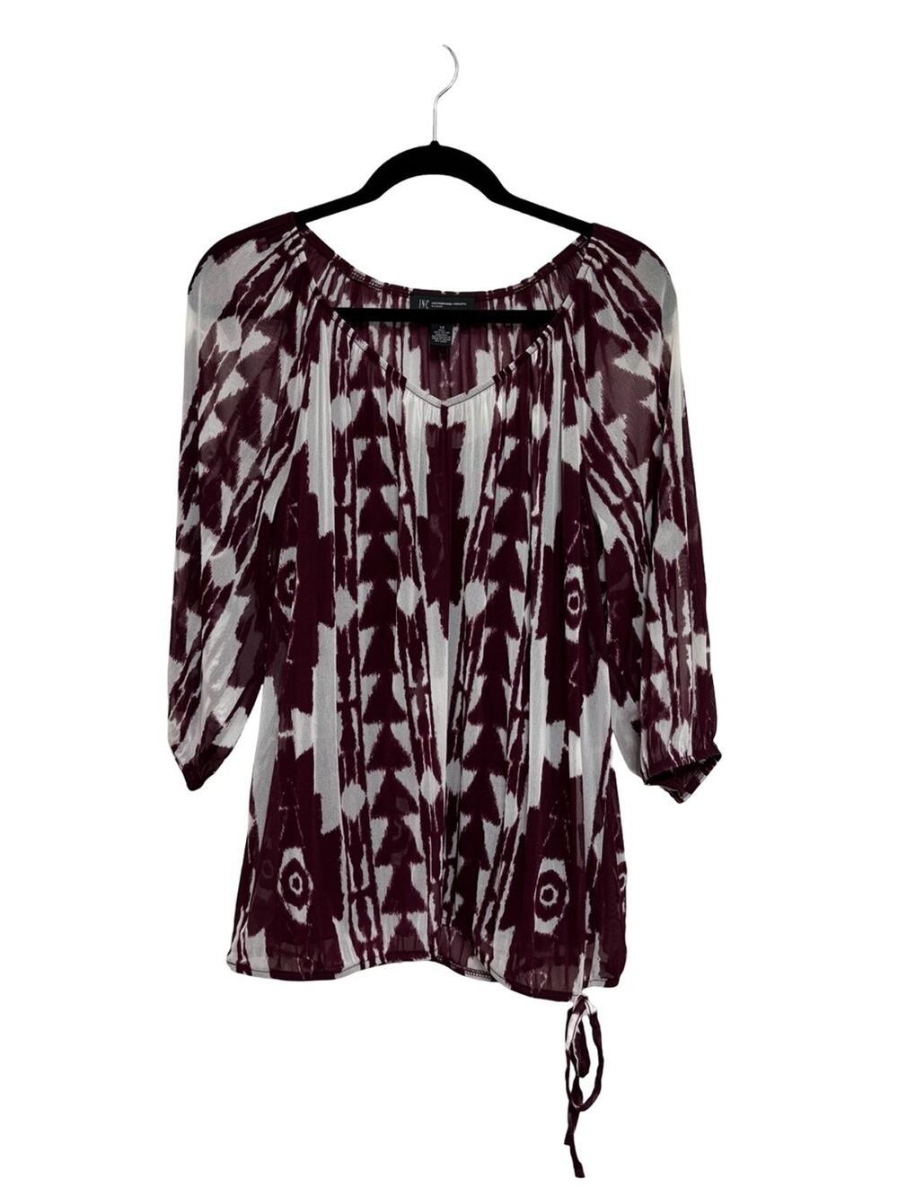 NEW INC International Concepts Woman Mesh Printed Blouse in Burgundy - Size 1X